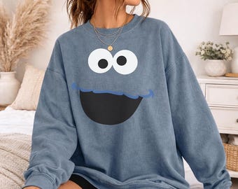 Sesame Street Cookie Monster Face Officially Licensed Comfort Colors T-Shirt & Crewneck Sweatshirt