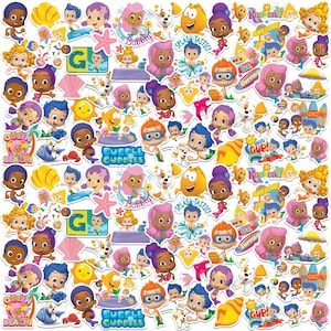 May include: A collection of colorful Bubble Guppies stickers featuring various characters, sea creatures, and phrases like "Feeling Bubbly" and "Splash-tastic!" The stickers include images of mermaids, suns, and surfboards.