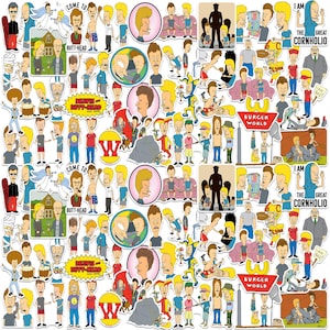 May include: A collection of colorful stickers featuring cartoon characters and phrases. The stickers include images of two animated characters, the text "BEAVIS BUTT-HEAD", and the phrase "BURGER WORLD".