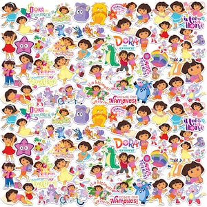 May include: A collection of colorful Dora the Explorer stickers featuring Dora, Boots, Swiper, and other characters. The stickers include various poses and phrases like "Dora the Explorer" and "¡Vamos!"