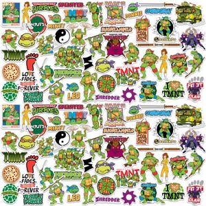 May include: A collection of colorful Teenage Mutant Ninja Turtles stickers featuring the four turtles, Splinter, Shredder, April O'Neil, and other characters. The stickers include various logos and phrases.