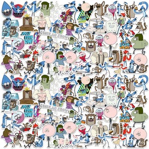 May include: A collection of colorful stickers featuring characters and phrases from the animated series "Regular Show." The stickers showcase various characters in dynamic poses, with text like "Party Tonight" and "Jolly Good Show!"