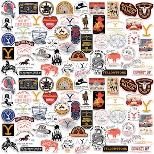 May include: A collection of colorful stickers with various designs and text. The stickers feature the words "Yellowstone," "Dutton Ranch," and other related phrases, along with images of cowboys, horses, and other western-themed elements.