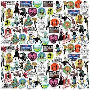 May include: A collection of colorful stickers featuring various comic book characters and text. The stickers include images of monsters, superheroes, and text such as "Creature Commandos," "Rick Flag Sr.," and "Nina Mazursky."