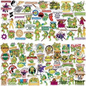 May include: A collection of colorful stickers featuring Teenage Mutant Ninja Turtles characters. The stickers showcase the turtles, Splinter, Shredder, and other characters, along with pizza and related text. The stickers are in various shapes and sizes.