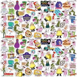 May include: A collection of Courage the Cowardly Dog stickers featuring various characters and phrases from the animated series. The stickers showcase Courage, Muriel, Eustace, and other characters in vibrant colors. Phrases like "Courage" and "Welcome to Nowhere" are visible.