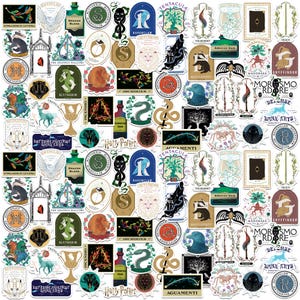 May include: A collection of colorful stickers featuring various designs and text. The stickers include images of animals, plants, and symbols, with text such as "Ravenclaw," "Slytherin," and "Harry Potter."