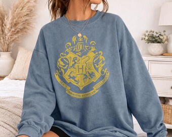 Harry Potter Hogwarts Crest Officially Licensed Adult Oversized Comfort Colors T-Shirt and Crewneck Sweatshirts