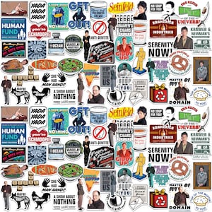 May include: A collection of colorful stickers featuring various designs and text. The stickers include references to the TV show Seinfeld, with phrases like "Yada Yada Yada" and character illustrations. Other stickers have humorous quotes and images.