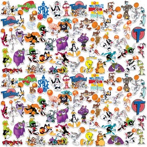May include: A collection of colorful stickers featuring various Looney Tunes characters, basketballs, and the "Space Jam" logo. The stickers showcase characters like Bugs Bunny, Daffy Duck, and others in action poses, with a basketball theme.