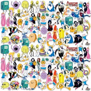 May include: A collection of colorful Adventure Time stickers featuring various characters from the animated series. The stickers showcase characters like Finn, Jake, Princess Bubblegum, and BMO, in various poses and designs. The stickers are in various shapes and sizes.