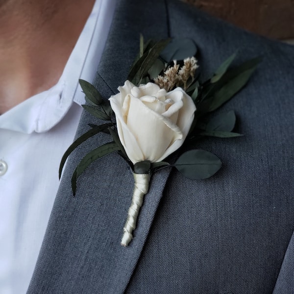 Custom sola wood rosebud boutonniere handmade boho greenery