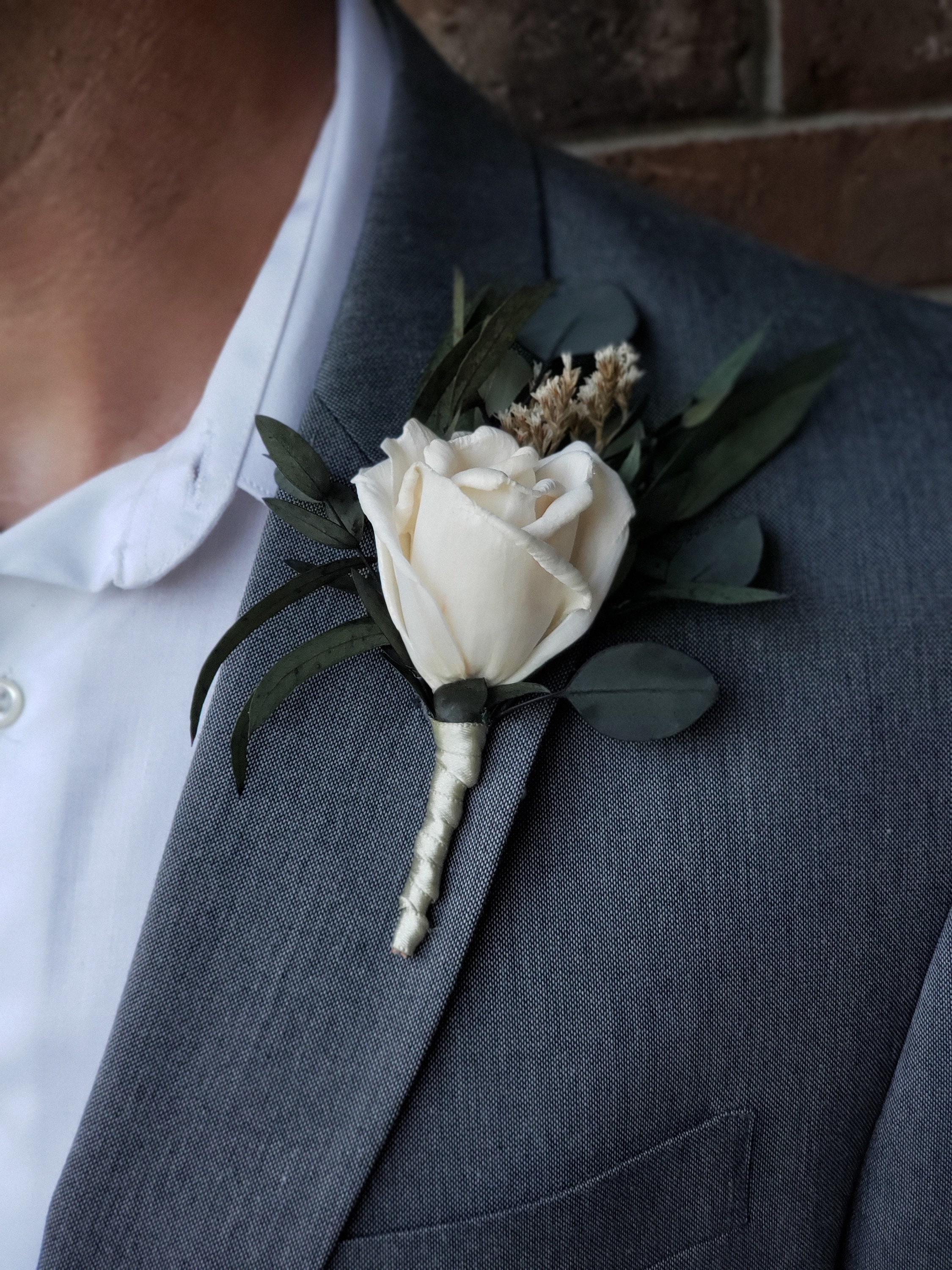 Wedding Boutonniere for Men White Rose Boutonniere Groom Buttonhole Flower  Boutonniere Rustic Boutineer Greenery Boutonniere Pins Winter 