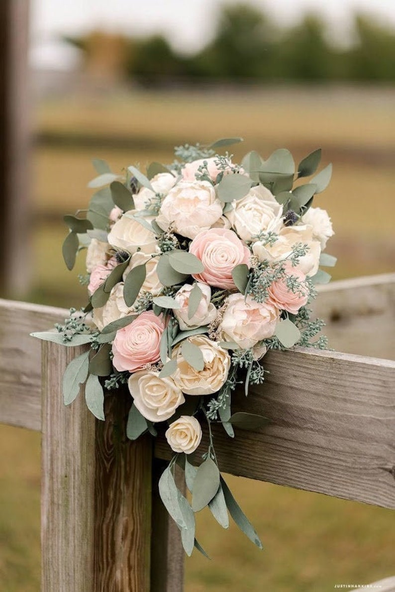 Sola Wood Flower Custom Cascading Boho Greenery Bridal Bouquet Etsy