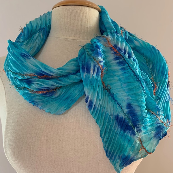 Blue Shibori Hand-dyed scarf; Turquoise Wrinkled Silk Scarf; Shades of Blue Pleated Silk Scarf, Blue Folded Silk Scarf