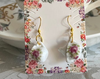 Tea set earrings, tea sugar and creamer earrings, Alice in wonderland earrings, pink flower tea earrings