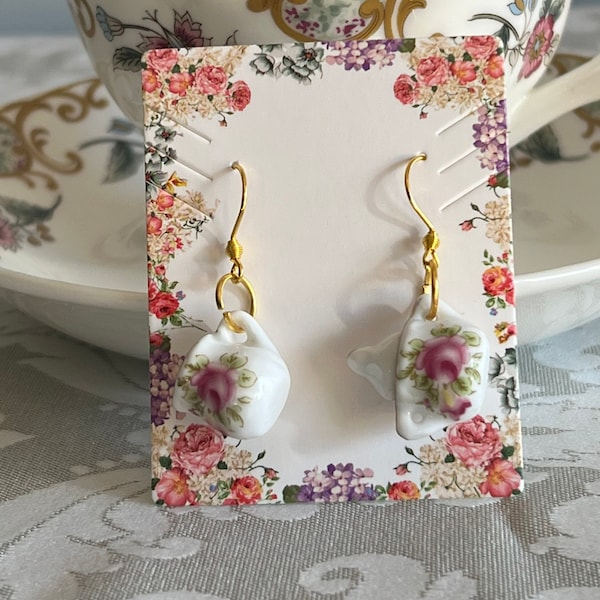 Tea set earrings, tea sugar and creamer earrings, Alice in wonderland earrings, pink flower tea earrings