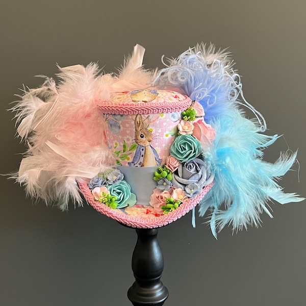 Mini top hat, Peter rabbit mini hat, Easter mini hat, pink and blue mini hat, Alice in wonderland hat, tea party hat, Mad hatter hat, medium