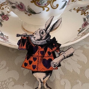 Halloween White rabbit brooch, rabbit pin, stocking stuffer, Alice in wonderland pin, tea party pin, mad hatter pin