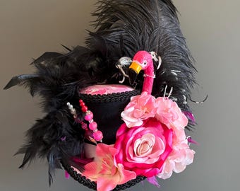 Sombrero del Derby de Kentucky, mini sombrero de copa de flamenco de Alicia en el País de las Maravillas, fiesta del té de locos, flamenco rosa, sombrero de flamenco, sombrero mediano
