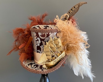 Steampunk pirate ship mini top hat, mini top hat, gold hat, tea party hat, steampunk wedding, pirate hat, mad hatter hat, medium