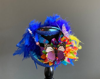 Mini Blue Rainbow Top Hat, Pride Hat, Celebration Hat, Alice in Wonderland, Mad Hatter Hat, Birthday Hat, Rainbow Butterfly Hat