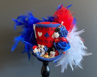 Mini Top Hat, Tea Hat, Red and Blue Tea Cup Hat, Alice in Wonderland Hat, Mad Hatter Hat, Tea Hat, Mad Hatter Tea Party, medium Tea Hat