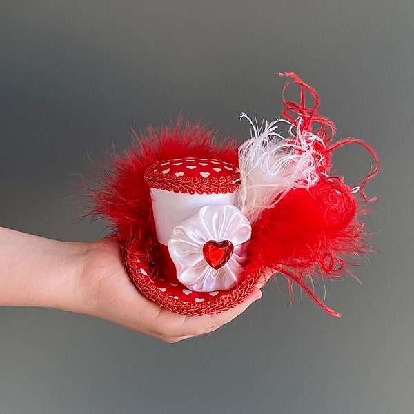 Micro mini top hat, Valentine's Day mini top hat, Alice in wonderland, mad hatter hat, birthday hat, tea hat, red and white