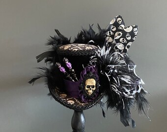 Mini top hat, sugar skull, skeleton hat, gothic hat, day of dead hat, Alice in wonderland hat, mad hatter hat, medium