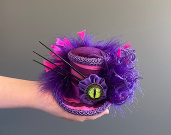 Micro mini top hat, Cheshire Cat hat, Alice in wonderland, mad hatter hat, dragon eye hat, purple hat, tea party mini top hat, mad tea party