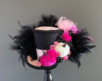 Mini top hat, mini fall hat, Thanksgiving hat, pink and black, pumpkin spice mini top hat, Halloween decor, fall decor, medium