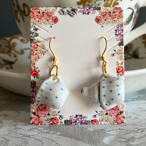 Tea earrings, blue polka earrings, tea party earrings, Alice in wonderland earrings