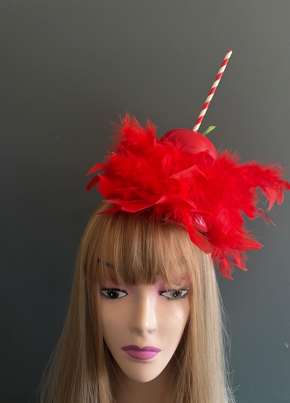 NEW! Candy Apple Red Fascinator Hat Red Sinamay Fascinator Hat Wedding Fancy Feather Hat for  main image 2