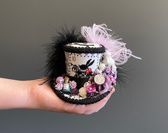 Micro mini top hat, white rabbit hat, diorama Alice mini hat, mad hatter hat, tea party hat, Alice in wonderland, tea hat, eat me hat