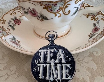 Tea time brooch, Alice in wonderland brooch, tea time woodcut, tea party brooch, tea party pin, wooden brooch, gift Christmas