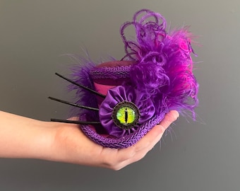 Micro mini top hat, Cheshire Cat hat, Alice in wonderland, mad hatter hat, dragon eye hat, purple hat, tea party mini top hat, mad tea party