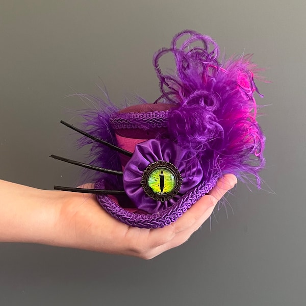 Micro mini top hat, Cheshire Cat hat, Alice in wonderland, mad hatter hat, dragon eye hat, purple hat, tea party mini top hat, mad tea party