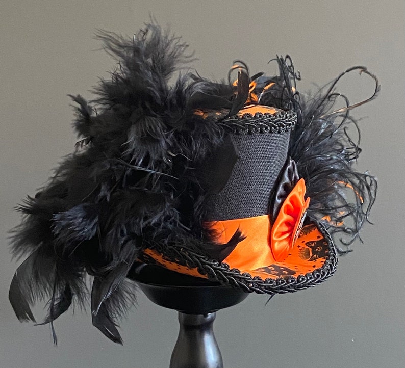 May include: A black top hat with orange and black trim and a black feather boa. The hat has a black and white cat silhouette and a black and orange bow.
