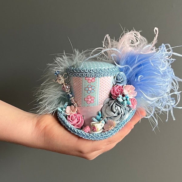 Micro mini top hat, micro teacup hat, Alice in wonderland, baby blue and pink flower hat, tea party hat, baby shower hat