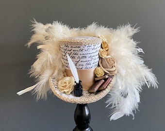 Mini top hat, librarian hat, beige book hat, Jane Austen hat, Alice in wonderland, tea hat, mad hatter hat