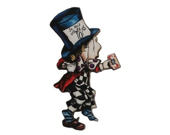 Mad hatter brooch, mad hatter pin, wood pin, tea party pin, Alice in wonderland pin, stocking stuffer, mad hatter tea party, birthday gift