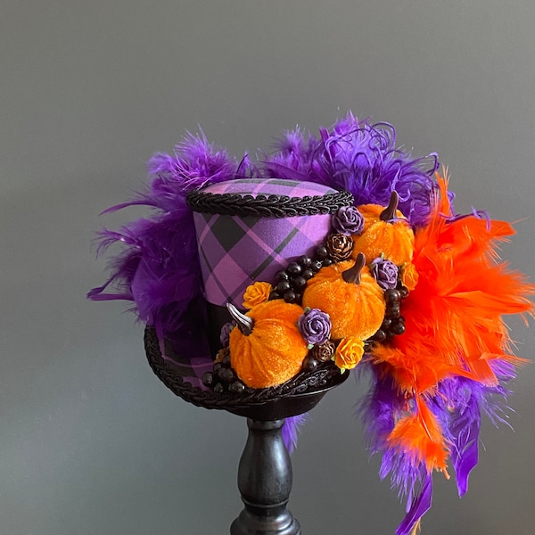 Mini top hat, mini top hat fall, Thanksgiving hat, Halloween purple and orange hat, Halloween pumpkin, médium