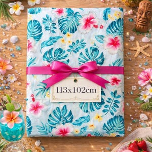 Tela de algodón tropical hawaiana Monstera Hibiscus Plumeria Azul Rosa Verano Playa 113x102cm