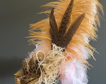 Mini Pirate Hat, Gold and Brown Pirate Hat, Bridal Tricorn, Marie Antoinette Hat, Mini Tricorn, Pirate Wedding Hat, steampunk hat