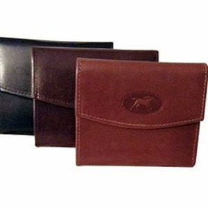 May include: Three leather wallets in black, brown, and burgundy. Each wallet has a small embossed logo of a horse's head.
