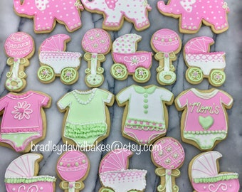 Baby Shower Cookies: Elephant, Onesie, Rattle, Carriage - Set of 12