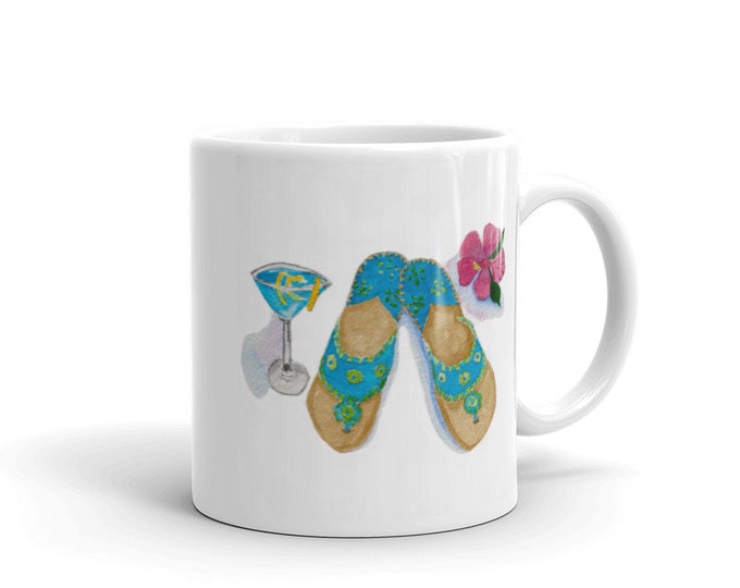 White glossy mug with aqua sandals