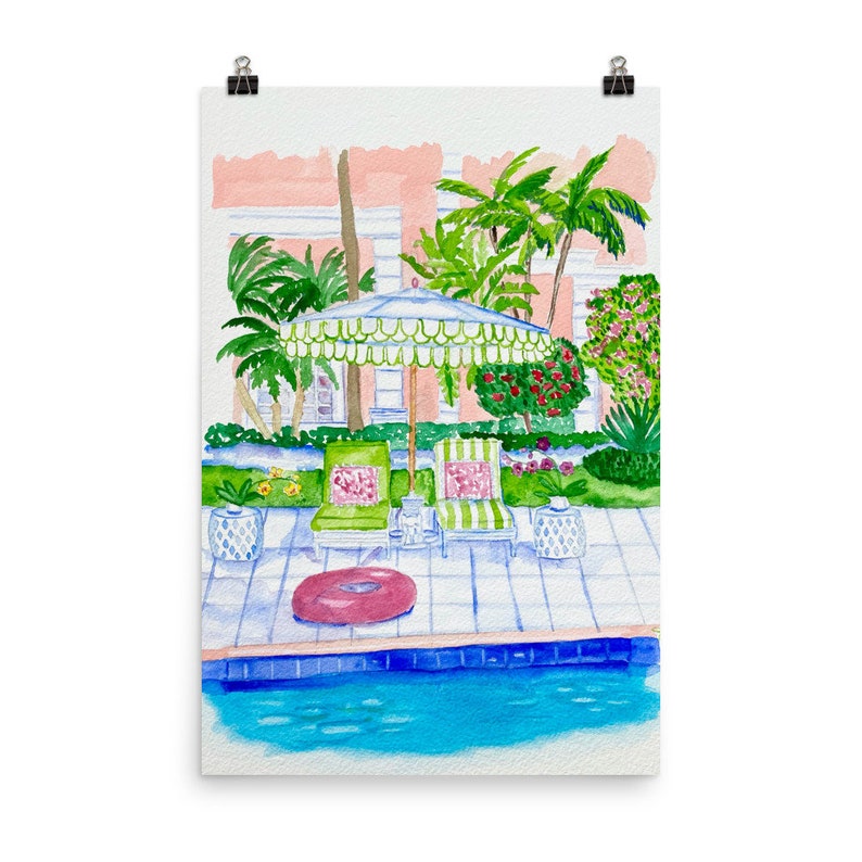 Watercolor Print of poolside at the Colony Hotel Palm Beach - Etsy