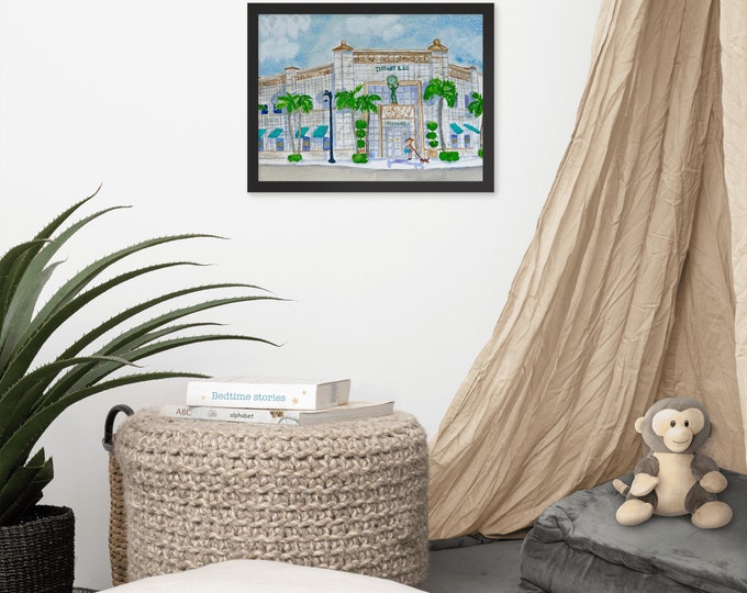 Framed print of watercolor of Tiffany&Co Building in Palm Beach