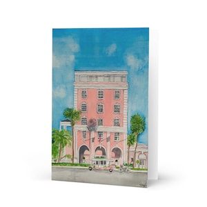 Tarjeta de felicitación con acuarela de The Colony Hotel, Palm Beach